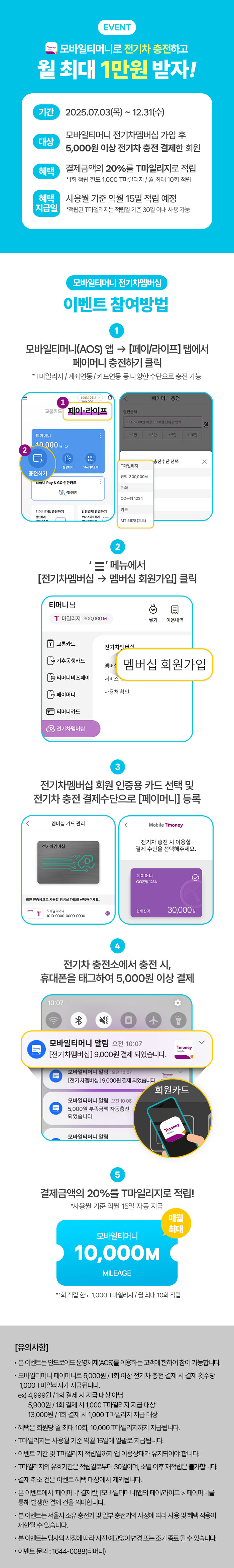 EVENT 모바일티머니로 전기차 충전하고 월 최대 1만원 받자  기간: 2025.07.03(목) ~ 12.31(수) 대상: 모바일티머니 전기차멤버십 가입 후 5,000원 이상 전기차 충전 결제한 회원 혜택: 결제금액의 20% T마일리지 적립 * 1회 적립 한도 1,000 T마일리지 / 월 최대 10회 혜택 지급일: 사용월 기준 익월 15일 적립 예정 * 적립된 T마일리지는 적립일 기준 30일 이내 사용 가능 모바일티머니 전기차멤버십 이벤트 참여방법 1. 모바일티머니(AOS) 앱 → [페이/라이프] 탭에서 페이머니 충전하기 클릭 * T마일리지 / 계좌연동 / 카드연동 등 다양한 수단으로 충전 가능 2. ‘三’ 메뉴에서 [전기차멤버십 → 멤버십 회원가입] 클릭 3. 전기차멤버십 회원 인증용 카드 선택 및 전기차 충전 결제수단으로 [페이머니] 등록 4. 전기차 충전소에서 충전 시, 휴대폰을 태그하여 5,000원 이상 결제 5. 결제금액의 20%를 T마일리지로 적립 * 사용월 기준 익월 15일 자동 지급 모바일티머니 10,000M MILEAGE (월 최대) * 1회 적립 한도: 1,000 T마일리지 / 월 최대 10회 적립 유의사항 - 본 이벤트는 안드로이드 운영체제를 이용하는 고객에 한하여 참여 가능합니다. - 모바일티머니 페이머니로 5,000원/1회 이상 전기차 충전 결제 시, 결제 횟수당 1,000 T마일리지가 지급됩니다. ex) 4,999원 → 지급 대상 아님 5,900원 → 1,000 T마일리지 지급 대상 13,000원 → 1,000 T마일리지 지급 대상 - 혜택은 회원당 월 최대 10회, 10,000T마일리지까지 지급됩니다. - T마일리지는 사용월 기준 익월 15일에 일괄로 지급됩니다. - 이벤트 기간 및 T마일리지 적립일까지 앱 이용 상태가 유지되어야 합니다. - T마일리지 유효기간은 적립일로부터 30일이며, 소멸 이후 재적립은 불가합니다. - 결제 취소 건은 이벤트 혜택 대상에서 제외됩니다. - 본 이벤트에서 '페이머니’ 결제란, [모바일티머니앱의 페이/라이프 > 페이머니]를 통해 발생한 결제 건을 의미합니다. - 본 이벤트는 서울시 소유 충전기 및 일부 충전기의 사정에 따라 사용 및 혜택 적용이 제한될 수 있습니다. - 본 이벤트는 당사의 사정에 따라 사전 예고 없이 변경 또는 조기 종료될 수 있습니다. - 이벤트 문의: 1644-0088 (티머니)