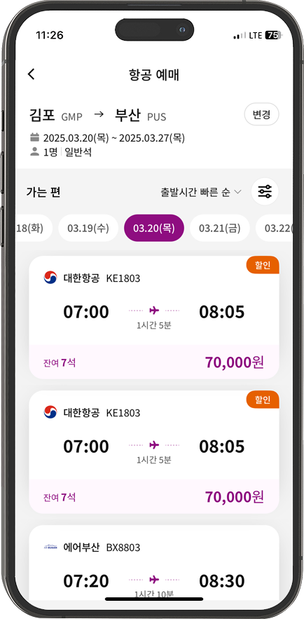 국내선 항공권 예매 화면